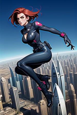 create a photo realistic 3d high resolution character that is mix of comics book characters Black Widow and Modesty Blaise in action jumped off Burj Khalifa in the background 