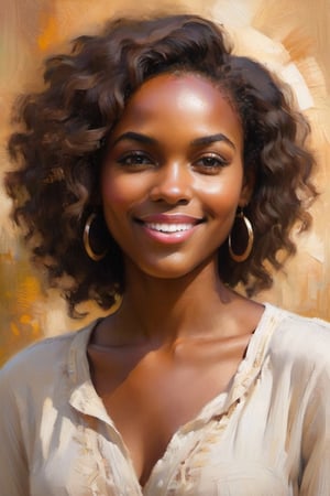 Prompt: A captivating artistic portrait of an attractive African woman: An enigmatic smile, light brown eyes. Her striking features are illuminated by soft, warm light, accentuating the contours of her oval-shaped face. Mid-length, straight wavy locks cascade down her back,  