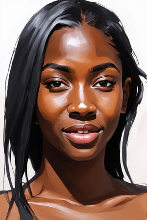 A painting of an attractive, carefree, African girl, with long black hair cascading along the side of her face. Her gaze goes beyond, revealing a joyful expression that dominates her features. The brushstrokes are expressive, effectively conveying her mood through dynamic strokes. The color palette predominantly features light hues, enhancing the atmosphere. The composition centers on her face, capturing the depth of her emotions in that moment, geometric background.