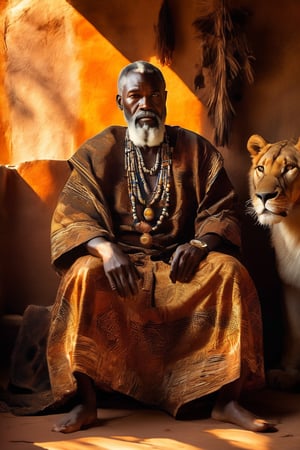 A majestic Black tribal king, wispy grey beard flowing, sits regally amidst the rustic grandeur of his African savannah home. Animal hides, intricately patterned and worn with pride, adorn his powerful physique, while the warm light of sunset casts a golden glow on his weathered face, eyes gleaming with ancient wisdom.