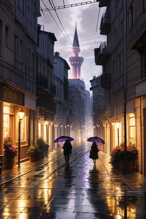 Mystical Istanbul afternoon: A textured relief oil painting featuring a tram, gliding along cobblestone streets. Pedestrians, some shielding themselves with umbrellas, stroll beside the tracks as their reflections dance on the rain-kissed ground. Tall buildings with ornate facades loom above, while a prominent lamp post anchors the foreground. Against this mystical backdrop, the sky's deep blues and purples hint at a recent rain shower.