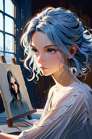 A melancholic portrait: A woman arttist, bathed in a hue of cold blue light, sits pensively with a canvas of grey emotions on her face. Soft brushstrokes evoke Gerald Brom's style, capturing delicate shadows on her skin. Her gaze conveys the depths of her concentration in paiting the canvas. The background an array of colors seem to flow from her thoughts, fades to haze, into darkness.