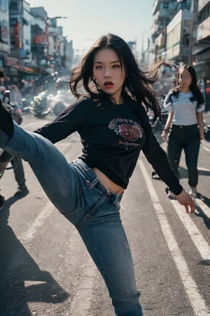 Here's a high-quality prompt for a photorealistic image:
A stunning, photorealistic image of a young girl with striking features: long black hair blowing in the wind, dressed in a long sleeve t-shirt and jeans, showcasing her athletic build. Her bright big eyes sparkle as she ready to kick her enemy who is coming towards her on a motorcycle, a dynamic action scene, reminiscent of a blockbuster movie scene. The background reveals the vibrant market streets of Mongkok, Shot from a wide-angle lens with a cinematic flair, capturing every detail of this fit and fierce young warrior, effortlessly executing Kung fu moves.