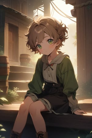 (full_body_portrait, sitting, the shabby boy, Oliver Twist,  cute dirt face, curly hair, light brown hair, blu-green eyes gazing eagerly at the viewer, highly detailed, vibrant, cinematic character render, ultra high quality model, (Full HD render + immense detail + dramatic lighting)
