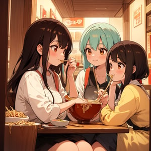 Masterpiece, Top quality, High definition, Artistic composition, Two girls, Friends, Ramen Eatery, Sitting eating Ramen, Smiling, Talking, Looking away, Retro store, From side, Impressive light, Portrait, Fork in hand, High color temperature