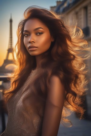 A stunning brown beauty stands against a radiant backdrop, sunlight dancing across her features as she gazes confidently into the camera. Her long hair shines like honey, highlighting every gentle wave. Her piercing eyes sparkle with an inner fire, drawing the viewer in. The City of Light's charm is palpable as she embodies the essence of Paris.
