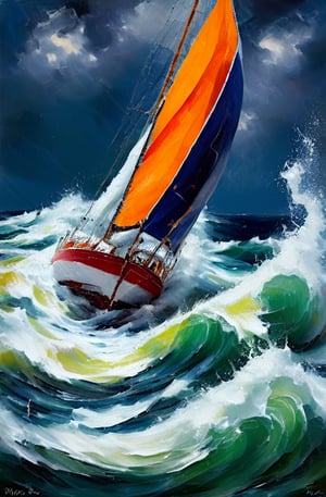 Turmoil at Sea: A powerful seascape depicts a yacht, its mast and sails battered by the force of a massive wave. Brushstrokes convey the raw energy as foamy white crests collide with the vessel's hull, threatening to engulf it. The yacht's struggles are palpable in this dramatic scene, set against a dark blue background, with the sun hidden behind clouds.