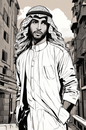 A captivating manga-inspired portrait of a ravishing young Arab man, set against a moody sepia-toned cityscape. His long wavy locks cascade down his back. He stands confidently, exuding self-assurance and poise, with features defined by bold lines. Trendy attire complements his striking built as he dominates the monochromatic backdrop, with subtle shading of grey hues creating a dramatic contrast that emphasizes the 2-tone artistry.