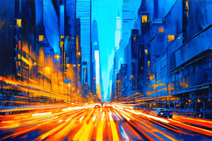 Concrete Chaos: An abstract expressionist painting capturing the frenetic energy of New York City's rush hour traffic. Vibrant hues of orange and yellow dominate the canvas, evoking the intense glow of headlights and taillights on a crowded city street. Thick brushstrokes and textured layers convey the sense of congestion and movement, while geometric shapes and bold lines suggest the steel skyscrapers looming overhead. In the midst of this urban chaos, a burst of bright blue represents the fleeting moment of freedom as the day begins to unfold.