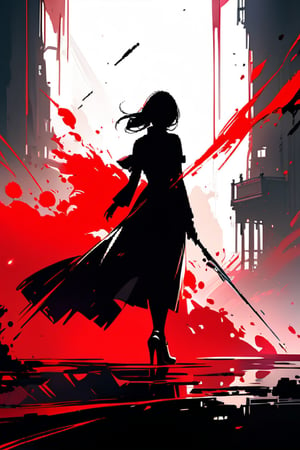 A lone figure, 1girl, spy, as she has a deadly purpose. In the foreground, her assassin's gaze is fixed intently forward, a baretta in her hand. The background with dynamic brushstrokes of ink in black, red and white, creating a stunning cinematic silhouette that draws the viewer's eye.