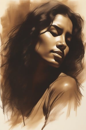 A sepia shade charoal sketch: A traditional attractive Mexican woman, her wet hair and wet skin glisten by the soft light, showcasing her facial features and her natural curves. under a wet flimsy see-through top. 