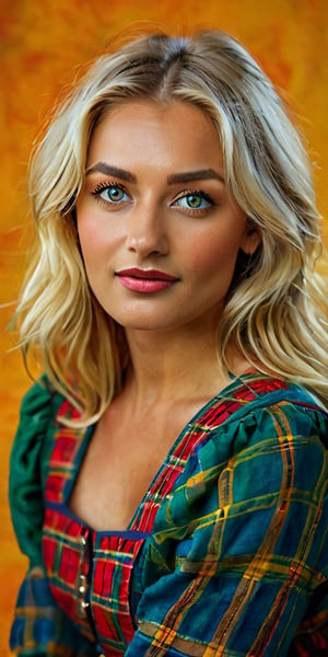 A full cowboy shot of a Russian blonde girl, in a blue, green, yellow, red, plaid pinafore dress, set against a bright blue background with bold brushstrokes and vivid hues, capturing the essence of her lively nature. She sits confidently, gazing directly at the camera with a mischievous grin, her tinted hair styled in loose waves framing her striking features. The lighting is warm and vibrant, highlighting the golden undertones of her skin and the rich colors of her bluish-Grey eyes.