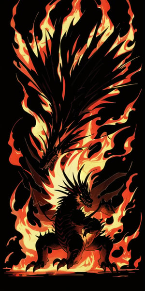 Silhouettes of an enraged dragon engulfed in bright flames against a dark black background