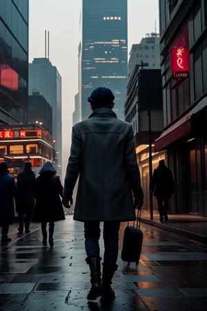 A poignant scene unfolds as a homeless woman, her worn boots scuffed and blistered, stands alone on the cold, gray street. The man she approaches is oblivious to her distress, his back turned as he hastens away from her outstretched hand. She wears a tattered coat, its threadbare fabric clinging to her gaunt frame. The stark contrast between their situations is accentuated by the city's steel and glass skyscrapers looming behind her, while the man disappears into the urban bustle.