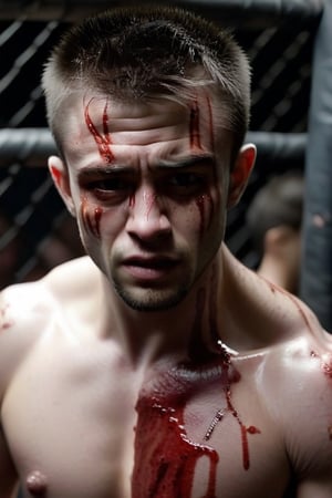 modern 28 years old fighting in a cage bloodied face in a fight club 