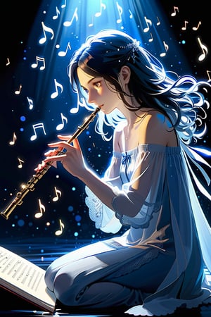 A melancholic portrait: A woman flutist, bathed in cold blue light, sits pensively with a canvas of emotions on her face. Soft brushstrokes evoke Gerald Brom's style, capturing delicate shadows on her skin. Her gaze conveys the depths of her concentration in playing the flute. The background musical notes fades to haze, into darkness.