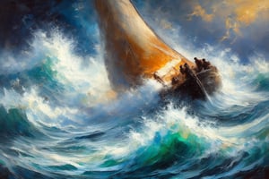 A serene Indian-inspired watercolor scene: The men are waging war with the turbulent sea, on their traditional boat, the boat sways. Bold, rigorous, brushstrokes across the canvas, blending rich colors to evoke the vibrancy and rage of the waves. The flash of lightning provides the light to this action masterpiece.