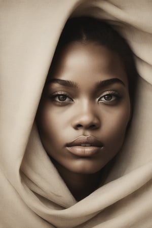 A close-up shot of a gorgeous black girl's face, framed by a subtle gradient of gray-sepia tones, emphasizing the subject's striking features and creating a sense of depth. Ink strokes render bold simplicity, capturing the essence of highlights in her springy strands. Her light eyes ignite passion as she gazes directly into the lens. Soft, creamy brown background subtly textured to evoke parchment adding an air of nostalgia and mystery.