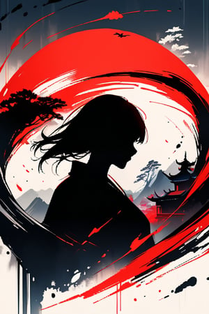 1girl, assassin holds a bushido, silhouette, ink brushstrokes in background, upper body, dynamic brushstrokes, masterpiece quality, stunninh image, INK