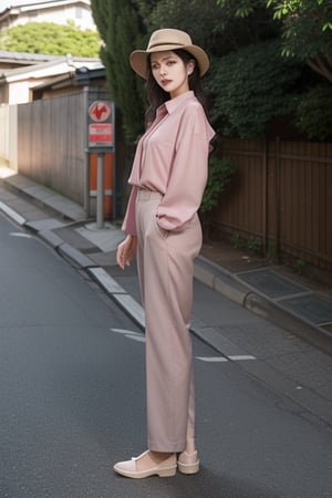 Miyaki stands confidently on a Tokyo suburban street, her silky brown-black hair expertly tucked under her fedora hat. She wears a sleek grey trouser-suit with a pastel pink shirt and bold red canvas keds. The warm sunlight casts a soft glow, accentuating her luscious lips and defined jawline. Her mesmerizing brown eyes sparkle as she poses side-angled, commanding the scene.