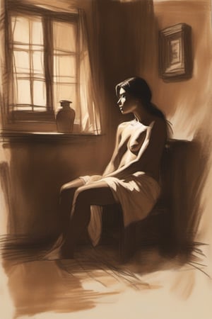 A sepia shade charoal sketch: A rugged Mexican room with warm beige walls and a subtle glow from the window, casting a gentle light on the subject. The attractive woman seated comfortably after a shower, her wet hair and wet skin illuminated by the soft light of her dresser, showcasing her natural curves. under a flimsy see-through top. Relaxes over a coffee.