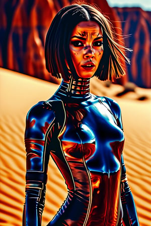 solo, masterpiece, best quality, perfect face, body shot of a cyborg humanoid girl wearing leather suit, sexy, dreary, apocalyptic, sandy, futuristic, Mad Max cinematic style

