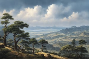 A majestic Indian hilly landscape unfolds, reminiscent of Leonardo da Vinci's masterful sketches. rain clouds drift lazily across the horizon as droplets of rain fall upon the rocky terrains. Trees, their branches etched like wispy strokes, stand against the gray-blue sky. A few scattered wildlife, peer out.