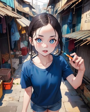 Sharp focus, dramatic, photorealistic painting art by midjourney, 2kids playing, (blue t-shirt:1.2),(jeans, shorts), ((city slums)), (looking at viewer:1.2), (detailed pupils:1.3), Indian wat3rc0l0r