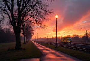 A vivid sunrise sky over Interlakken, as a solitary lampost stands guard over a clandestine park. A tree's branches stretch towards the pavement, its roots dug deep into the wet earth. In the distance, a milk van navigates the slick road,  The rail tracks in the distance await the vibration of a train.