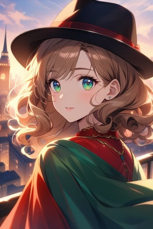 A cinematic portrait : A gorgeous -looking woman, her curly light brown hair peeking out from under a fedora. Her bright blue-green eyes, framed in classic red, gazes at the viewer. The camera captures her every detail, from the high cheek to the vibrant colors of her dress, all set against a city background that adds depth and drama to the scene.