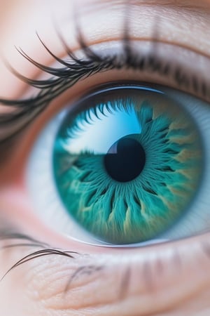 Close-up shot of a mesmerizing aqua-green iris, with subtle nuances of blue dancing across its surface. The soft focus and shallow depth of field draw attention to the intricate details within the pupil, as it reflects the cityscape of Dubai.
