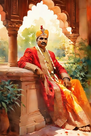 Majestic Indian King: A regal subject sits poised at an arched window, gazing out upon the lush royal gardens. Soft, warm light casts a gentle glow on his dignified features, exuding elegance, modesty, and humility. His renowned for his bravery and valour, a beacon of admiration throughout the region, as subjects revere and adore their benevolent ruler.