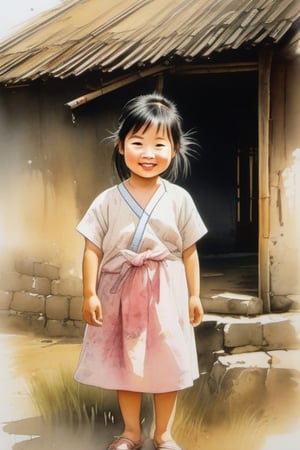 A depiction of a little girl, rendered in Chinese watercolor style. The subject's dirty filled face is framed by an innocent light smile, set against a thatched shed. The  brushstrokes capture the poverty of her torn shabby dress, while gentle washes evoke the tender hues her excitement amidst broken surroundings.