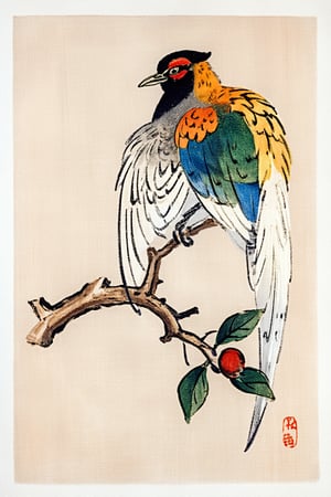 A traditional painting of a unique bird, long tail, vibrant colored feathers, perched on a branch of a fruit tree, The branch is given more texture, contrasting the bird's soft feathers.

