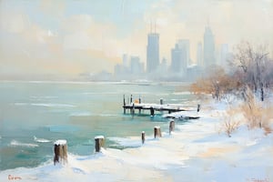 A tranquil wintery cityscape unfolds before us: frozen water laps at the shore of a snow-covered lake along the Harbour's edge. The foreground is dominated by the extending pier posts, their frozen surfaces glistening softly. Tall skyscrapers rise in the background, their peaks disappearing into the misty veil of winter. Soft whites, greens, and greys blend with strokes whispered across the canvas to evoke a sense of peaceful repose on a serene winter's day.