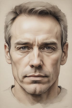 A close-up shot of a man's face, framed by a subtle gradient of gray tones. Ink strokes render the subject's features with bold simplicity, capturing the essence of their character. Eyes gaze directly into the lens, with eyelids slightly narrowed to convey introspection. The background is a soft, creamy white, subtly textured to evoke parchment or old book pages.