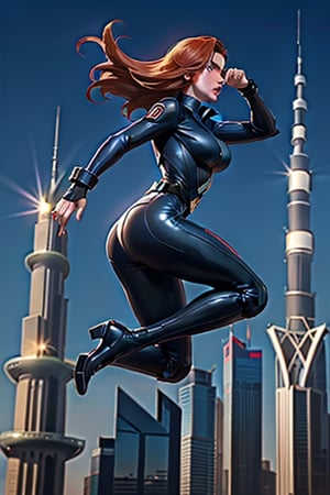 create a photo realistic 3d high resolution character that is mix of comics book characters Black Widow and Modesty Blaise in action having jumped off the Burj Khalifa in the background ,Side view
