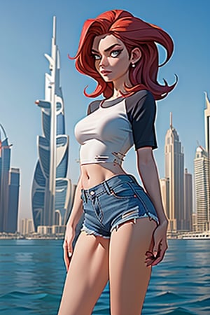 create a photo realistic 3d high resolution character that is mix of comics book characters Black Widow in her apartment , dressed in torn denim shorts ripped white tees overlooking Dubai Marina sights in the background 