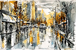 Sketch in  ink of a masterpiece, best quality,  style, Vancouver city street painting, reflecting on the wet road. The image creates a feeling of tranquility and harmony,
((creation of SALVADOR DALI)),
