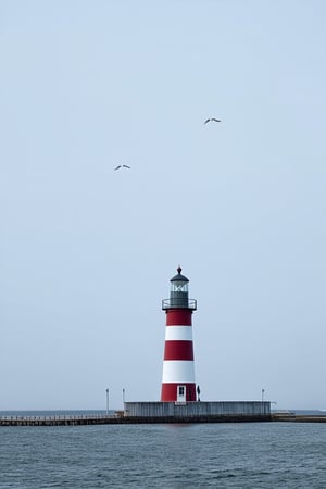 A majestic red-and-white striped lighthouse stands alone on the serene shore, bathed in soft white and grey hues. Gulls soar overhead, their feathers glistening in the gentle light. The composition is a masterpiece of simplicity and elegance, with the lighthouse's towering presence set against a subtle tinted background, evoking a sense of timeless beauty.