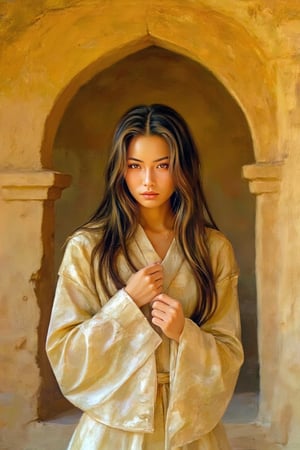 A Korean beauty stands against the earthy backdrop of a traditional adobe wall. Her natural skin glows beneath a wave of her silky dark hair, highlighted by subtle hints of mocha. The wall's intricate artwork is echoed in her sun-kissed complexion, as if she has been infused with the very essence of the landscape. Framed by huge arches and fine artistry, she presents herself with quiet confidence, her eyes a deep, mysterious wellspring of passion and intrigue.