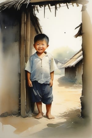 A depiction of a little boy, rendered in Chinese watercolor style. The subject's dirty filled face is framed by an innocent light smile, set against a thatched shed. The  brushstrokes capture the poverty of her torn shabby clothes, while gentle washes evoke the tender hues of his mischievousness amidst broken surroundings.