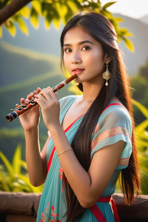 Half-length portrait of an Indo-Chinese girl, in a summer dress, playing the flute outdoors. Warm sunlight casts a gentle glow on her gorgeous features, capturing her beuty. Her hazel eyes, with medium pupils and delicate eyelashes, shine like embers. Softly reflected highlights adorn her dark Silky hair, while detailed facial expressions convey her warmth. Natural skin texture, precise ear, eyebrow, and eyelash details add depth to the image. She stands casually against the vibrant mountainous landscape, captured with the Sony a7 III's exceptional lens.