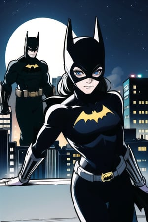 Batman's eyes lock intensely with Batgirl's as they stand side-by-side on the rooftop's edge, the cityscape stretching out below them like a canvas of twinkling lights. The full moon casts an ethereal glow, illuminating their determined gazes. Ink sketch strokes weave together in hyper-realistic detail, capturing every nuance of their faces and attire. Batman's cowl and Batgirl's mask seem to absorb the lunar light, while their eyes shine with a deep sense of camaraderie and shared purpose.