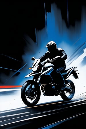 A sweeping nocturnal scene unfolds as one figure, clad in dark attire, dashes across the foreground with reckless abandon. Against a velvety black sky, strokes of blue and white ink dance across the canvas, echoing the rhythmic pounding of his footsteps. A lone motorcycle pursues him in the distance, its rider shrouded in darkness, while dynamic brushstrokes on the upper body convey the protagonist's frenzied energy.