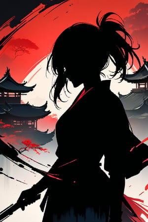 1girl, running assassin waving a bushido, silhouette, ink brushstrokes in background, upper body, dynamic brushstrokes, masterpiece quality, stunninh image, INK