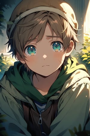 A cinematic portrait of Oliver Twist: A shabby-looking boy, no more than 10 years old, sits with a forlorn expression, his curly light brown hair peeking out from under a patched wool cap. His bright blue-green eyes, framed by dirt and tears, gaze eagerly at the viewer, as if pleading for understanding. The camera captures his every detail, from the fine lines on his cheek to the vibrant colors of his tattered clothing, all set against a dimly lit background that adds depth and drama to the scene.