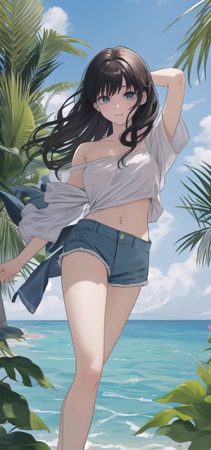 A stunning josei-style illustration of a beautiful girl with dark hair and piercing light eyes, posing in a lush beach garden. She wears loose shorts and a flowing top, her attire blending seamlessly with the surroundings. The artist's skilled hand captures every detail, from the subtle curl of her hair to the delicate ripples on her clothing. The composition flows effortlessly, guiding the viewer's eye through the scene as if swept along by the gentle ocean breeze.