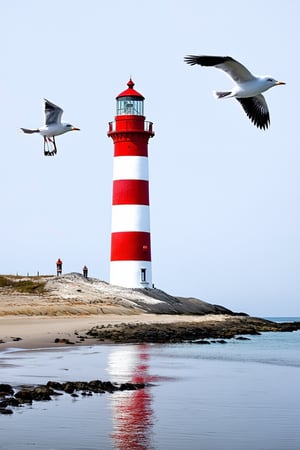 A solitary red and white striped lighthouse stands tall on the shore, bathed in warm white and grey hues. Gulls soar effortlessly above, their forms slightly blurred by the soft tint of the afternoon light. A masterpiece of serenity, this breathtaking scene is a testament to the beauty of the seaside.