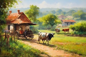 A serene oil-painted scene unfolds in a quaint Indian village setting, where amidst this idyllic backdrop, a vintage steam engine chugs along the distant horizon, its gentle puff of smoke adding a touch of nostalgia to the rustic charm, a traditional house stands proud, its tiled roof glistening in the warm sunlight. Wooden fences and a meandering pathway lead to lush fields, dotted with cattle grazing peacefully. In the foreground, children's laughter echoes as they playfully chase each other, while adults sit quietly, observing the serene atmosphere. 